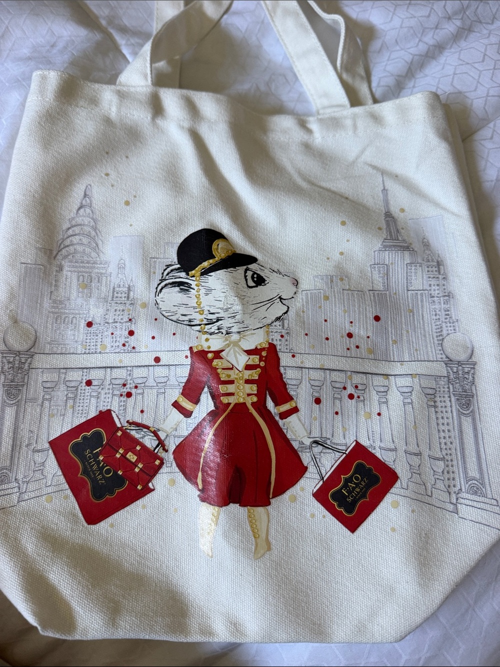 FAO Schwarz Cream Tote with Red Mouse Shopper Illustration and Gold Accents